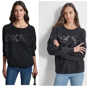 DKNY Jeans black sequin sparkly logo long web sleeve oversized sweater Sz L